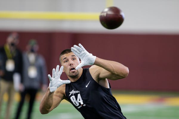 Minnesota Mankato tight end Shane Zylstra makes a catch during Minnesota’s pro day in April.