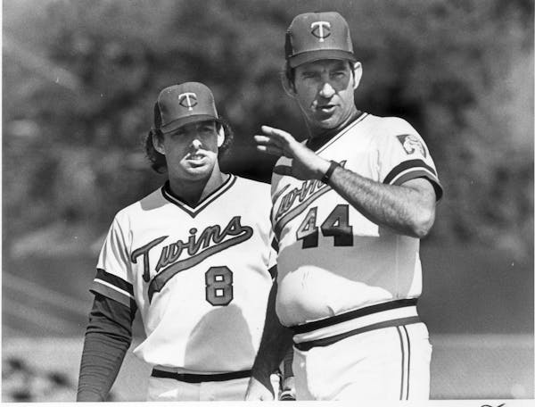 Gary Gaetti (at left) and Ray Miller in the days when Gaetti was a central fixture of the Twins, and Miller was in his brief tenure as manager.