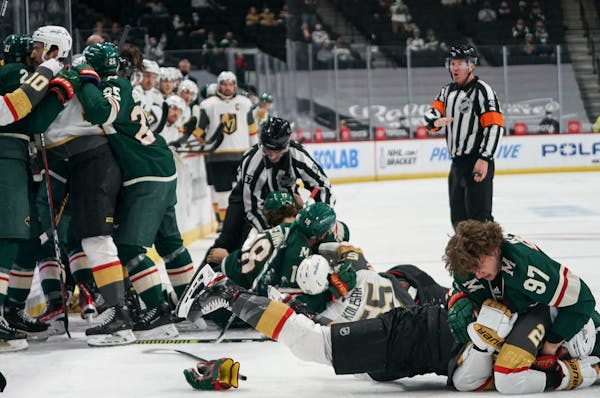 Wild rookie Kirill Kaprizov got tangled up with Vegas’ Zach Whitecloud in the first period of Wednesday’s game at Xcel Energy Center.