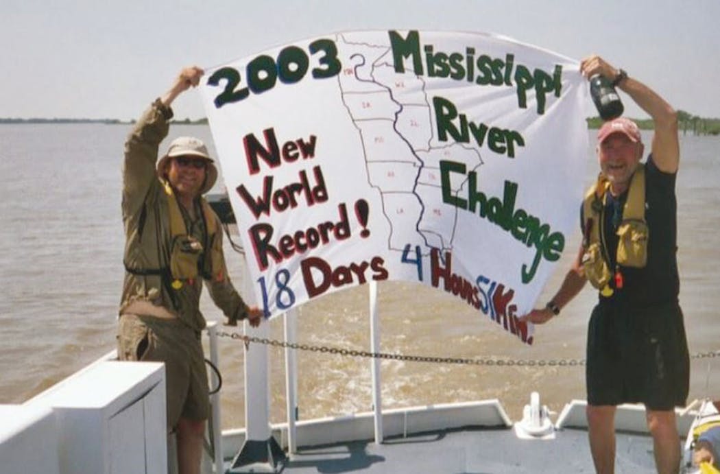 Clark Eid, left, and Bob Bradford after their record-making paddle in 2003.