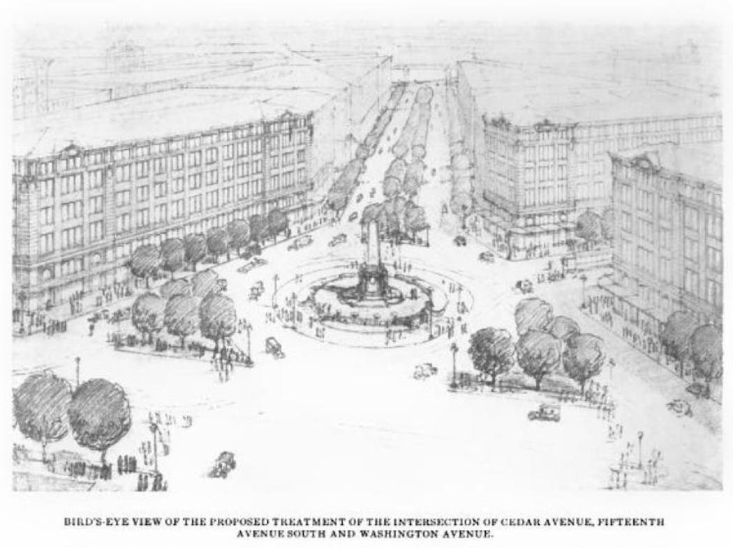 A bird’s eye view of the proposed treatment of the intersection of Cedar Avenue, 15th Avenue South and Washington Avenue, from the 1917 Plan of Minneapolis. 