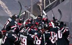 St. Cloud State players celebrated their national semifinal victory over Minnesota State Mankato.