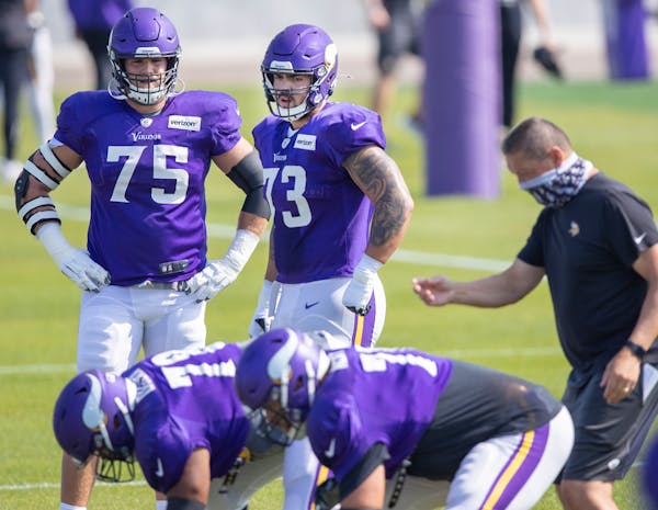 Vikings offensive guard Dru Samia, right, faces an uphill battle to keep his roster spot in 2021.