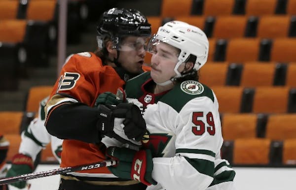 Wild defenseman Calen Addison (shown in a February game against the Ducks) made his NHL playoff debut Monday night in Game 5 against Vegas.