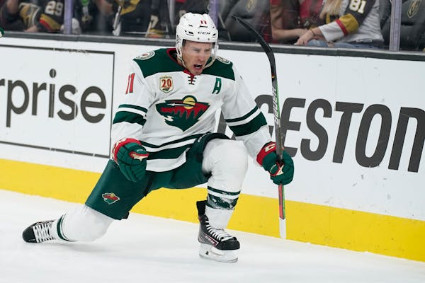 Zach Parise celebrated after scoring in the first period against the Knights. It was his first playoff goal since 2018.