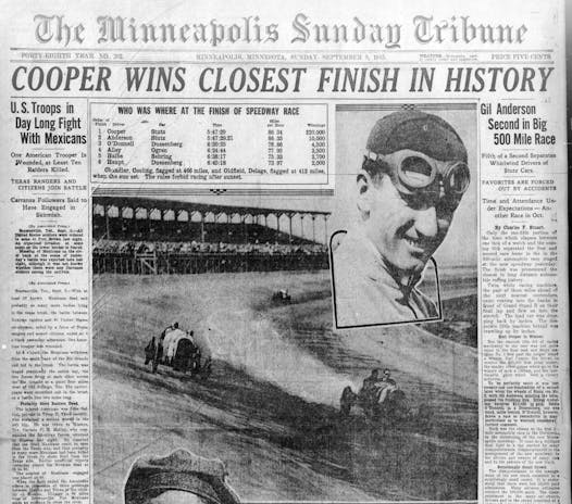 The Minneapolis Tribune front page on September 5, 1915, the day after the big opening race at Twin City Motor Speedway.