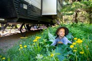 Zeke Hilback, 2, played in the grass in front of his family’s camper in Jay Cooke State Park in Duluth on Wednesday.