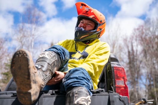 Baylor Litsey geared up before a dirt bike trail ride early this month through the Nemadji State Forest south of Duluth.