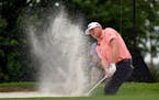 Jason Kokrak hit out of a bunker onto the seventh green during the final round of the Charles Schwab Challenge golf tournament at Colonial Country Clu