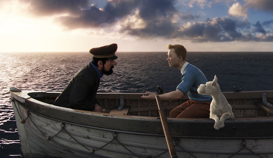 Captain Haddock (Andy Serkis), Tintin (Jamie Bell), and Snowy in 'The Adventures of Tintin.'
