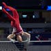 Shane Wiskus took the first of three falls while competing in the high bar during the U.S. Gymnastics championships Saturday night in Fort Worth, Texa