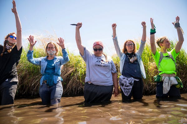 Everlasting Wind, aka Dawn Goodwin, raised her fist in the Mississippi River near an Enbridge pipeline site in Clearwater County on Monday, June 7.
