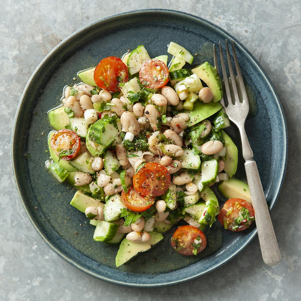 Stay cool as a cucumber with Cucumber, Tomato, White Bean and Avocado Salad.