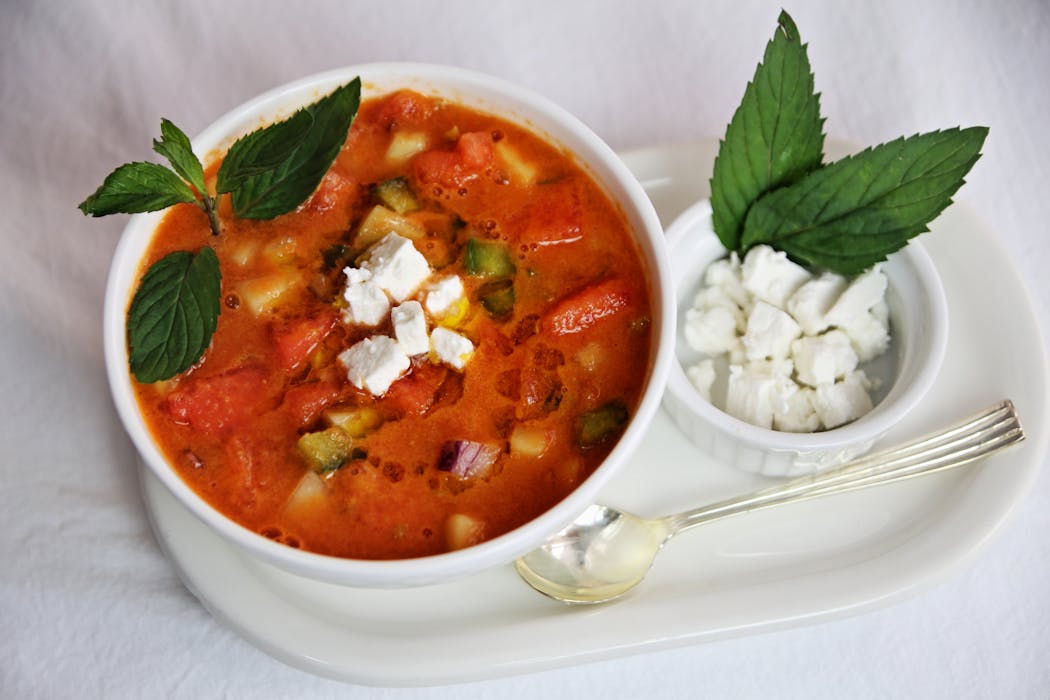 Get your fruit and veggie fix with watermelon gazpacho.