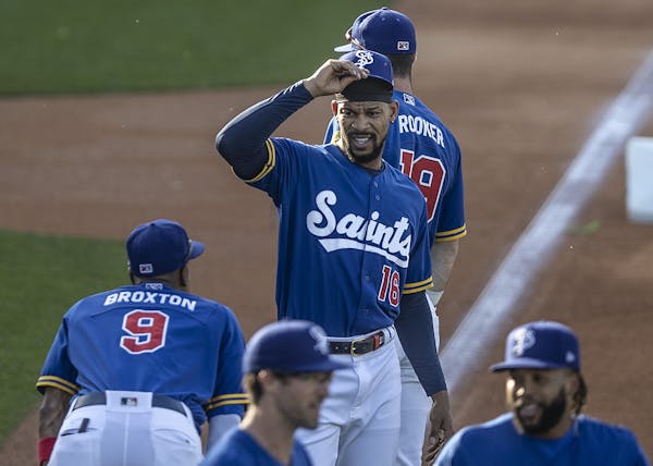 Bryon Buxton, normally the Twins center fielder, was on CHS Field for warmups Tuesday as he began a rehab assignment with the St. Paul Saints.