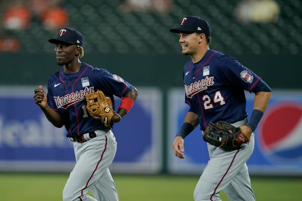 Nick Gordon, left, and Trevor Larnach, in Baltimore during a game earlier this month.
