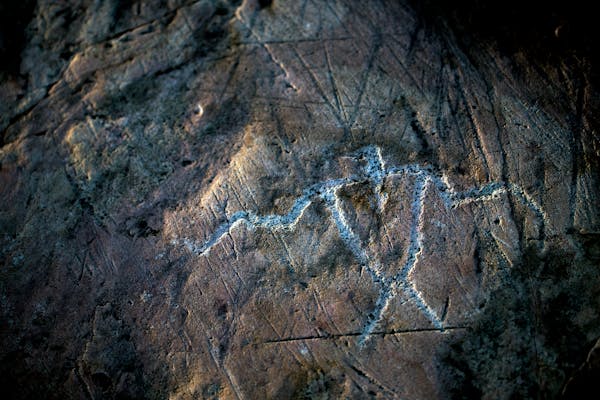 A rock carving at the Jeffers Petroglyphs site in southwestern Minnesota. It is one of the most extensive petroglyph sites in the world.