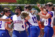 Randolph pitcher Morgyn Otte (3) celebrated an out with her teammates during the Class 1A championship game against Browerville Wednesday. ] ANTHONY S