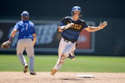 Hayfield’s Easton Fritcher rounded second base to third for a triple during the top of the sixth inning in the Class 1A baseball championship at Tar