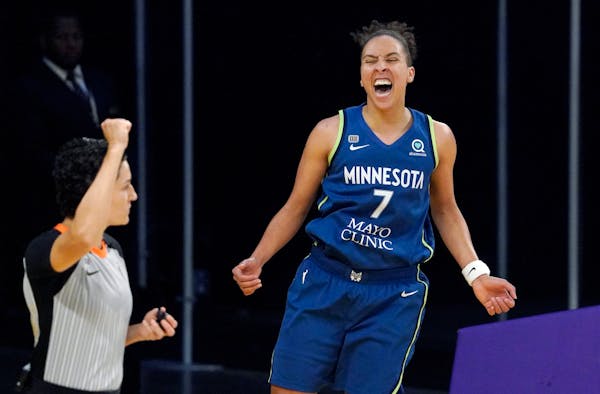 Lynx guard Layshia Clarendon celebrated after scoring and drawing a foul against the Los Angeles Sparks on Sunday. 