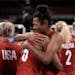 Edina’s Jordan Thompson celebrated with a teammate after the gold medal match in women’s volleyball.
