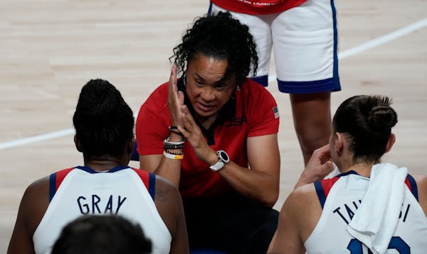 Coach Dawn Staley talked to Team USA during the women’s basketball gold medal game against Japan on Sunday in Saitama, Japan.
