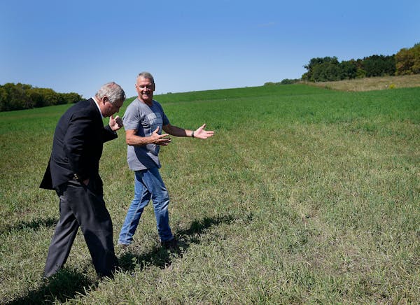 Agriculture Secretary Tom Vilsack, left, walked with farmer William “Chip” Callister Thursday in what should be a knee-high third crop of alfalfa 