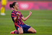 Carli Lloyd celebrated after scoring against Australia in the women’s bronze medal soccer match at the 2020 Summer Olympics.