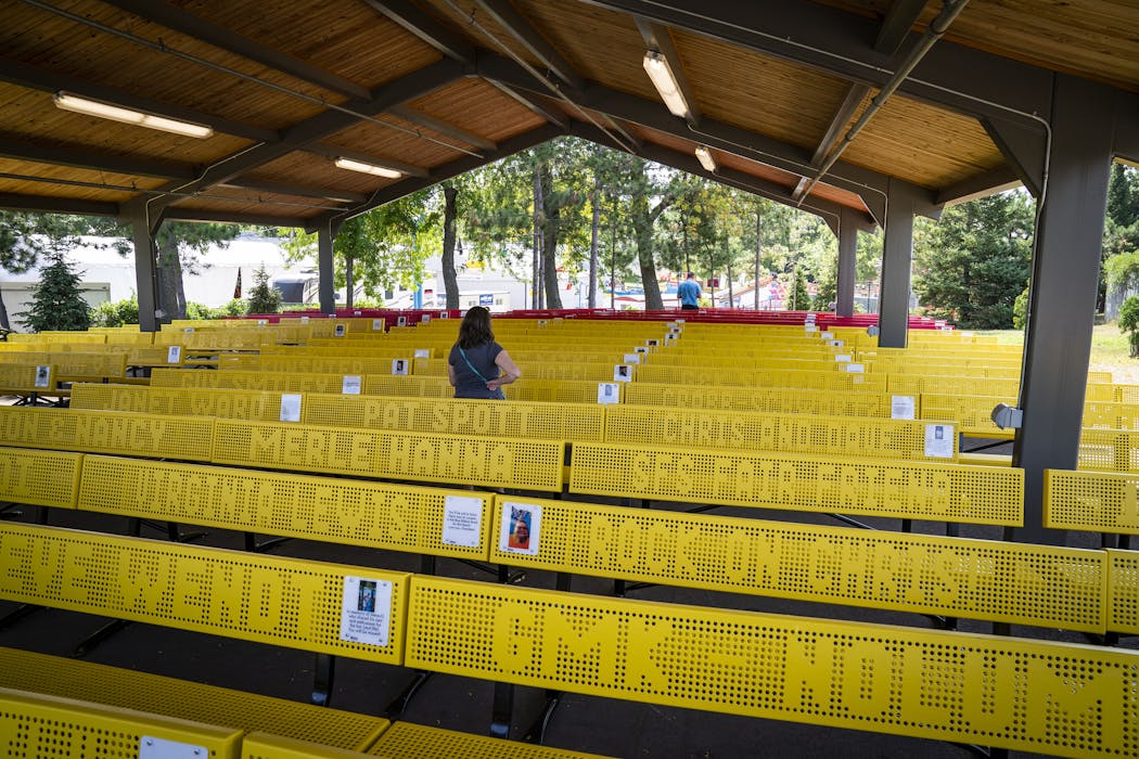 New memorial benches are lined up for families to view at the State Fairgrounds.