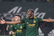 Fanendo Adi celebrated a goal for the Portland Timbers in 2018.