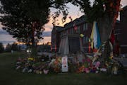 A memorial set up after the discovery of 215 unmarked graves at the Kamloops Indian Residential School in Kamloops, British Columbia, Canada, June 18,