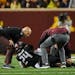 Gophers running back Mohamed Ibrahim injured his left leg during this play against Ohio State. He is scheduled for surgery on Tuesday. Coach P.J. Flec