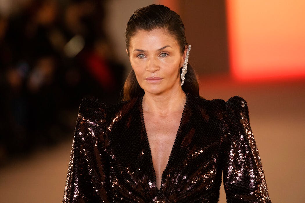 Model Helena Christensen wears a creation for the Balmain fashion collection during Women’s fashion week Fall/Winter 2020/21 presented in Paris, Friday, Feb. 28, 2020.