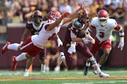 There was a lot of this Saturday: Gophers quarterback Tanner Morgan ran the ball vs. Miami (Ohio). Morgan passed for 0 yards in the second half.
