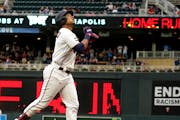 The Twins’ Jorge Polanco jogs home on a solo home run off Kansas City pitcher Brady Singer in the first inning