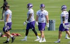 Vikings offensive guard Ezra Cleveland (72) at practice last month. 