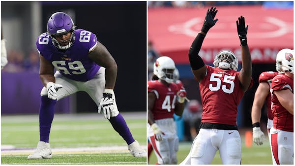 One of the biggest matchups on Sunday: Vikings left tackle Rashod Hill (left) vs. Cardinals pass rusher Chandler Jones (right).