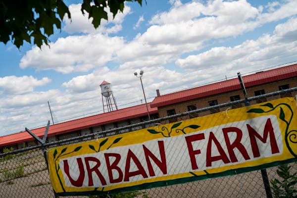 Protest signs are tied on the fence of the former Roof Depot site during a rally in the East Phillips neighbrhood in support of an urban farm on Aug. 