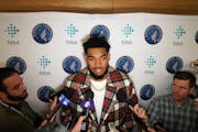 Karl-Anthony Towns appeared at the press conference to introduce Gersson Rosas as president of basketball operations in 2019.