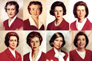 Decades of Betty: Betty Crocker’s likeness, starting at the top left in 1936, 1955, 1965, 1969. At the bottom left is 1972, then moving right to 198