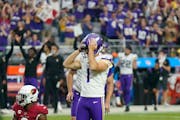 Minnesota Vikings kicker Greg Joseph reacts to missing a game-winning field goal attempt against the Arizona Cardinals, one of seven games the Vikings