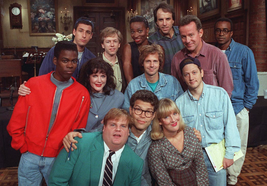 The cast of NBC’s “Saturday Night Live” in 1992. From left, front row, are: Chris Farley, Al Franken and Melanie Hutsell. In middle row, from left, are: Chris Rock, Julia Sweeney, Dana Carvey and Rob Schneider. In back row, from left, are: Adam Sandler, David Spade, Ellen Cleghorne, Kevin Nealon, Phil Hartman and Tim Meadows. 