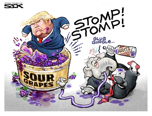 Donald Trump stomping on a vat labeled 