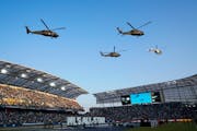 Helicopters hovered over the field before the 2021 MLS All-Star Game in Los Angeles.