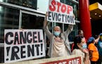 In this Aug. 4, 2021, file photo, housing advocates protest on the eviction moratorium in New York.