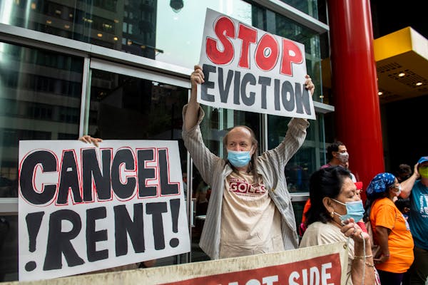 Housing advocates demonstrated to keep an eviction moratorium in place in New York on Aug. 4, 2021.