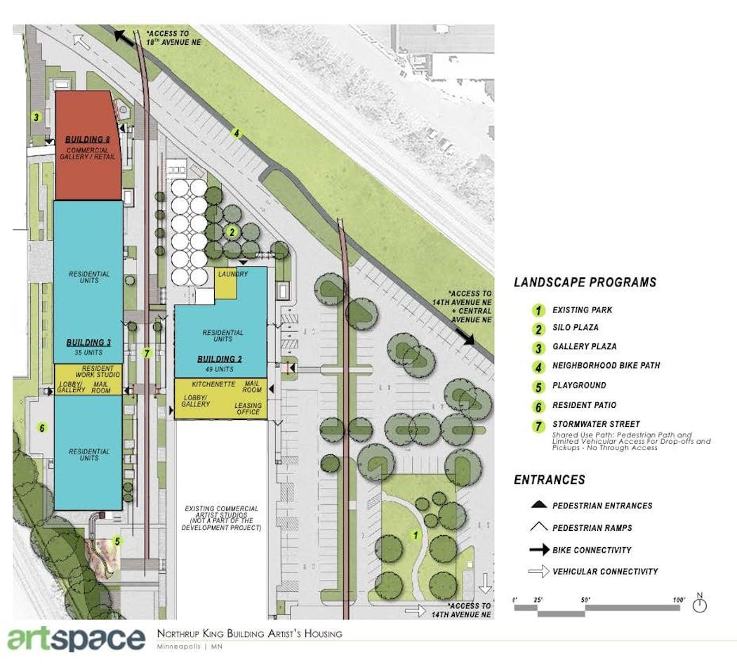 Rendering of Northrup King redevelopment in northeast Minneapolis. Buildings 2 & 3 will become a live/work space for artists. The green denotes resident gallery/laundry/amenity space on the first floor.