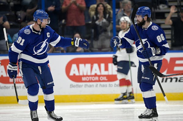 Steven Stamkos, left, and Nikita Kucherov lead a powerful Tampa Bay team that is seeking its third consecutive Stanley Cup.