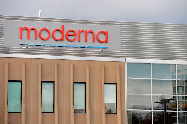 The Moderna logo is seen at the company’s campus in Norwood, Massachusetts, on December 2, 2020, where the biotechnology company is mass producing i