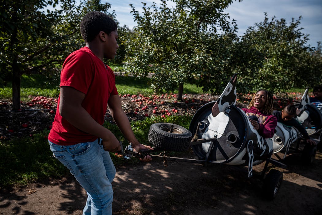 Grant Woods, 13, helps pull his friend Priest Jones, 15, and other students along on cow-themed trailer at the Apple Jack Orchards in Delano. They are members of the Black Homeschool Scholars with Swagg, a group that meets every week for socializing and support.